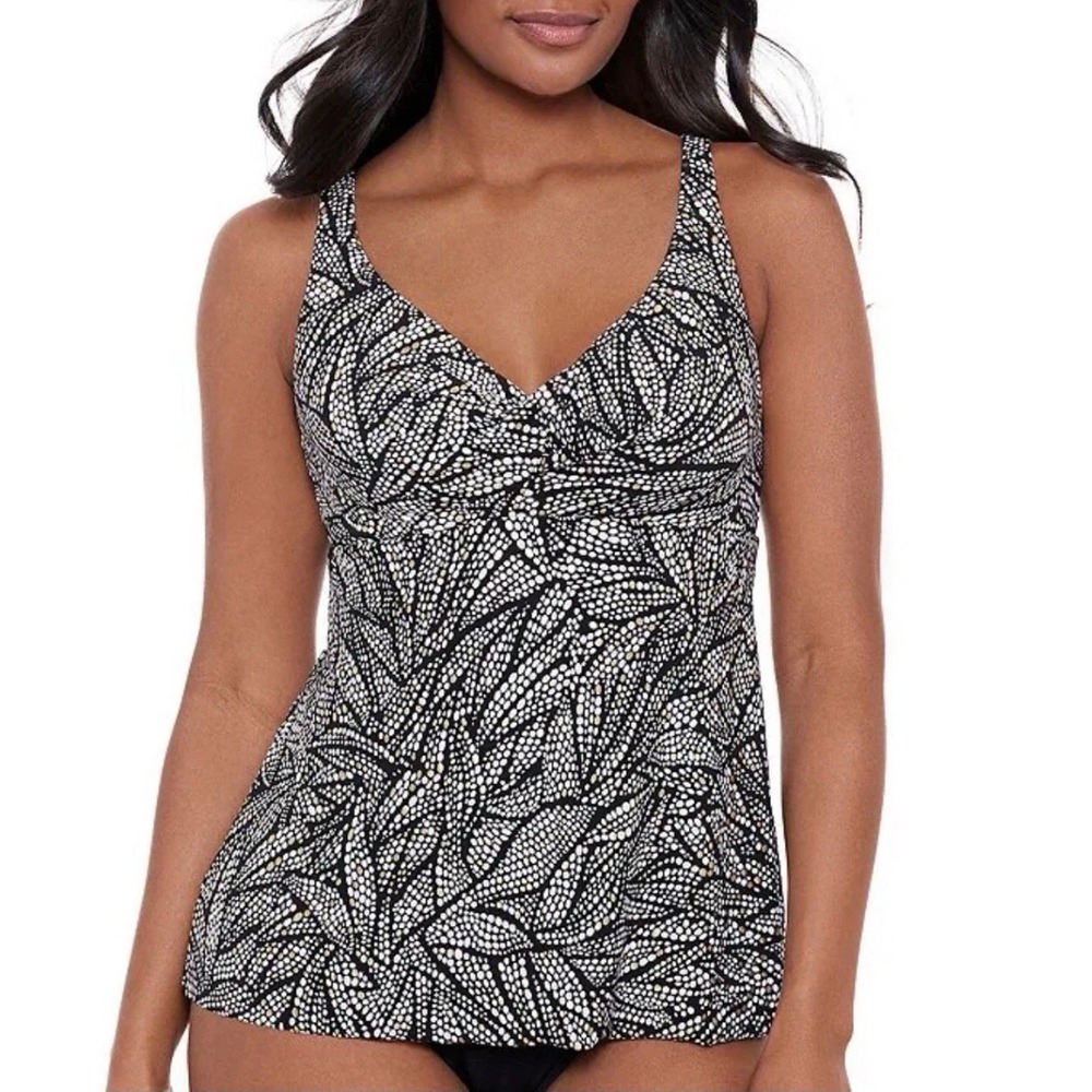 Miraclesuit Ayla Tankini Top Black White Gold Foil Dot Leaf Print Size 14 NEW